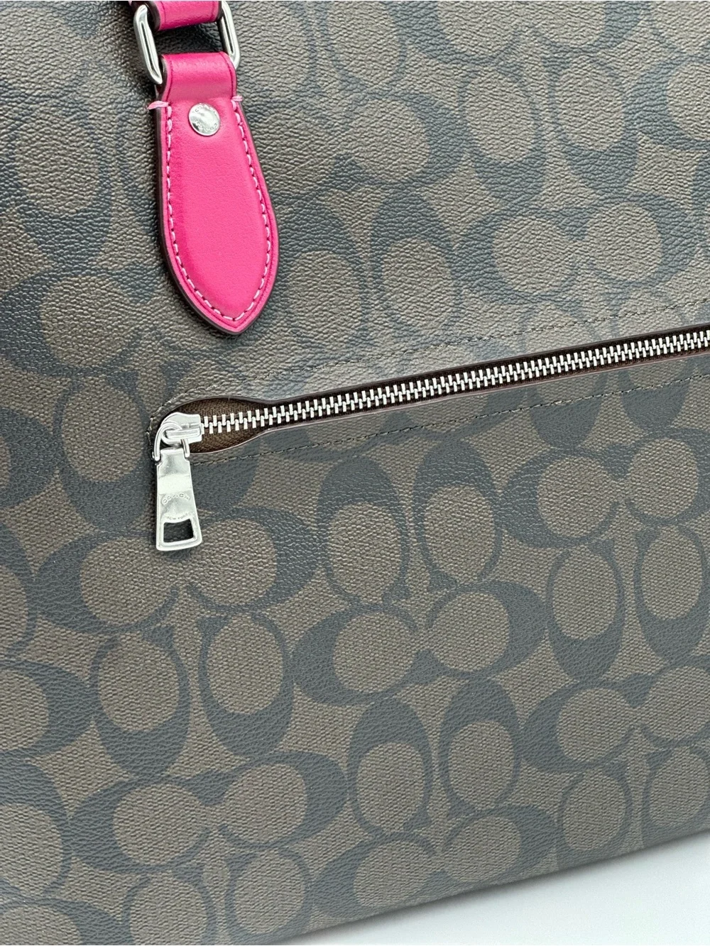 Coach Brown Signature Tote with Pink Handles